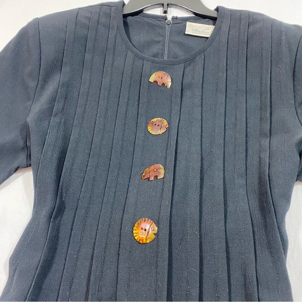 Vintage Kathie Lee Maxi Dress Black Pleated Bodice Decorative Animal Buttons - Picture 8 of 15